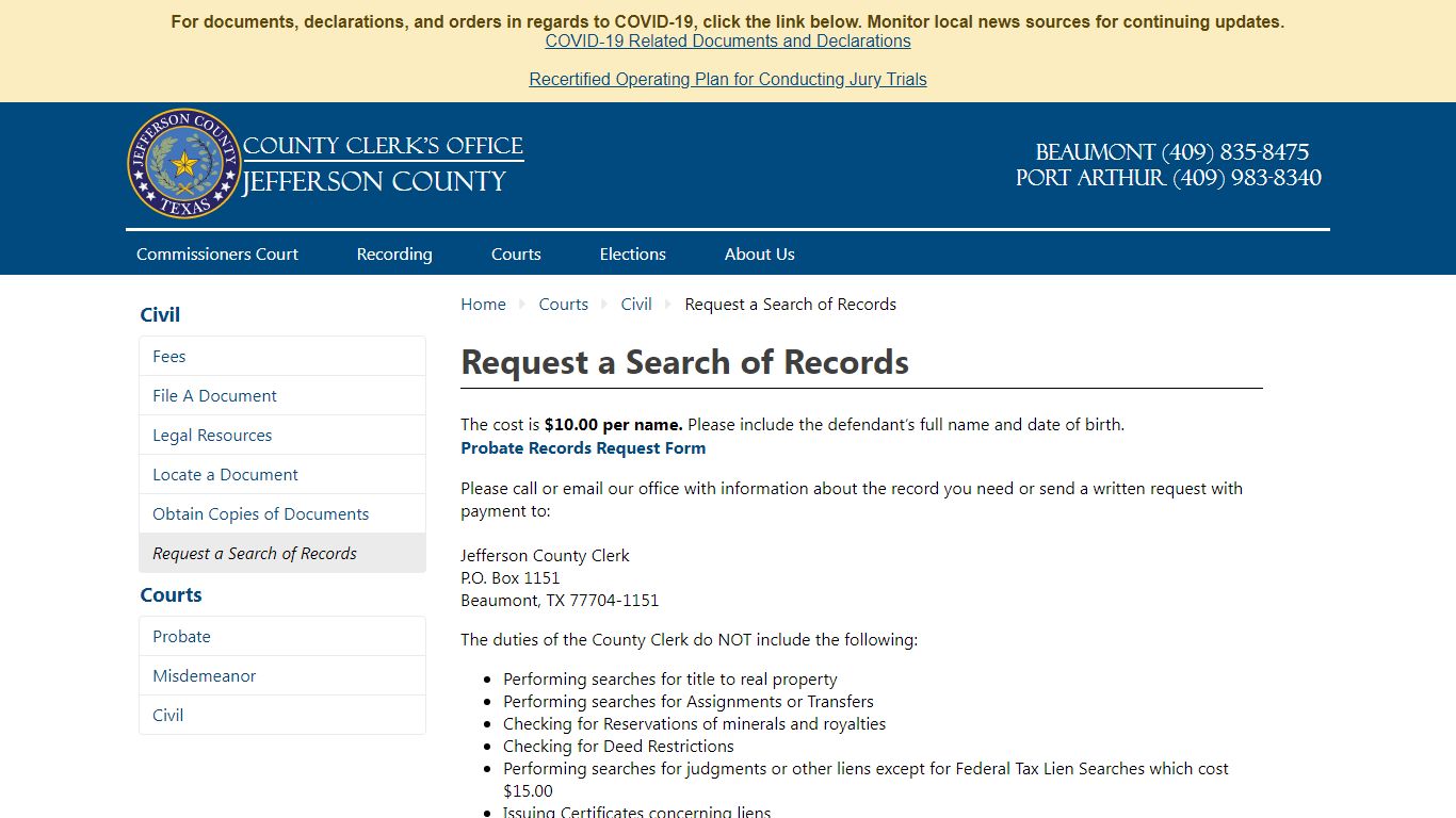 Civil - Request a Search of Records - Jefferson County TX